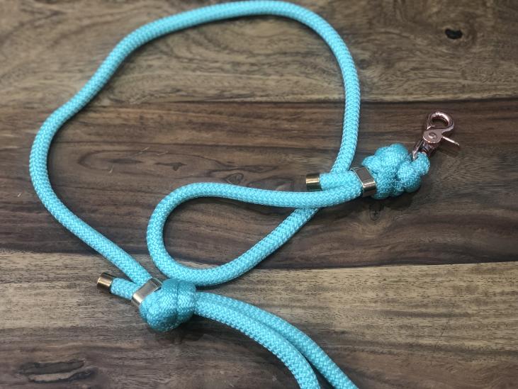 Laisse corde bleue turquoise boucle or rosé